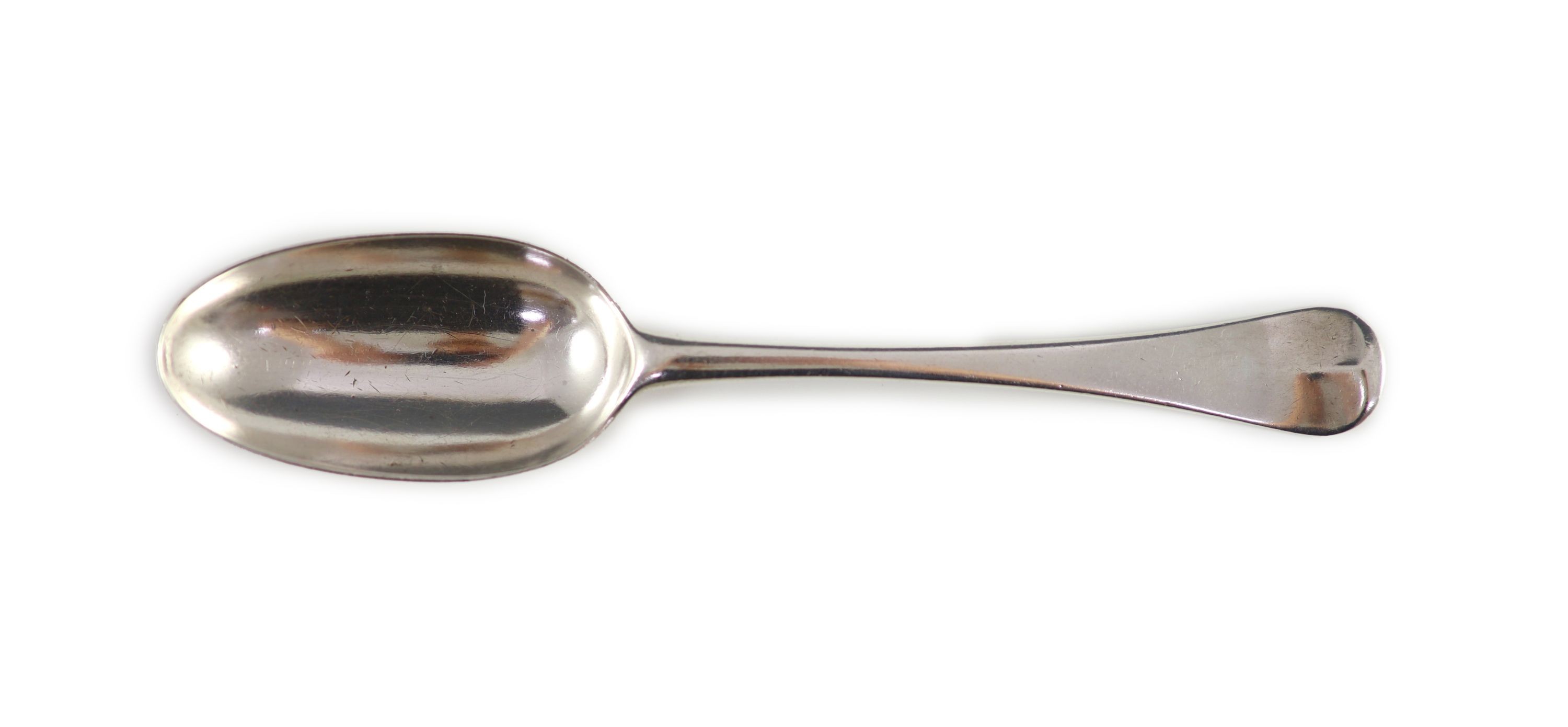 A George II silver Hanovarian pattern fancy back tablespoon, with engraved armorial, London 1736 by Edward Bennett, 20.5 cm long, 2.5 oz.